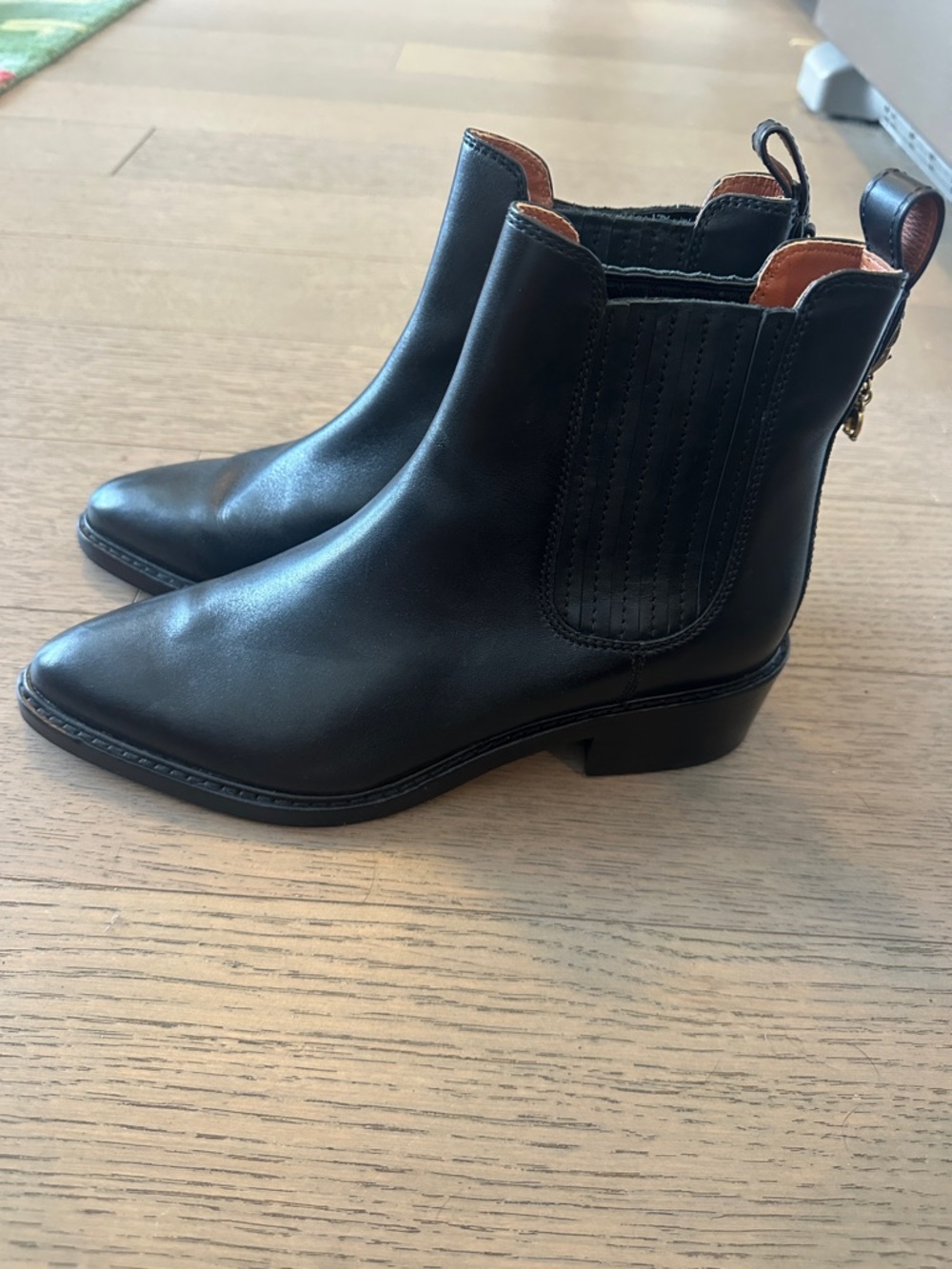 Coach Black Leather Chelsea Booties with Brown Pull Tabs
